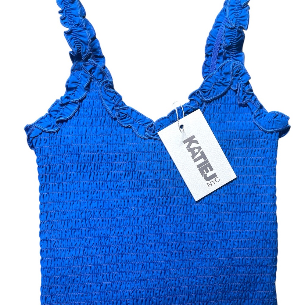 Katie J NYC Blue Smocked Ruffle Tank Top